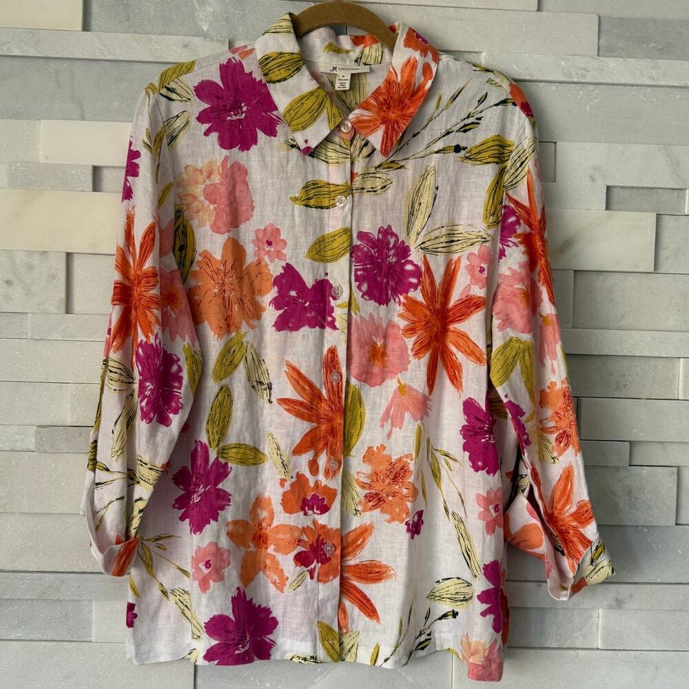 JM COLLECTION 100% Linen Floral Button Up 3/4 Tab Sleeve Blouse Top 16 Coastal